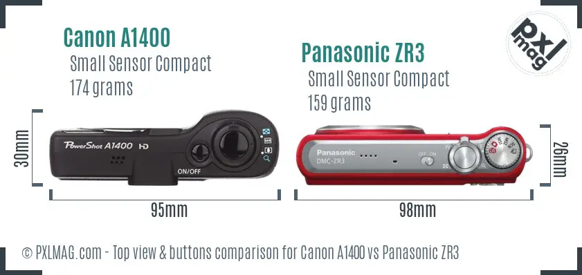 Canon A1400 vs Panasonic ZR3 top view buttons comparison
