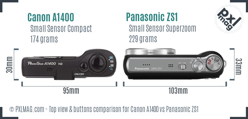 Canon A1400 vs Panasonic ZS1 top view buttons comparison