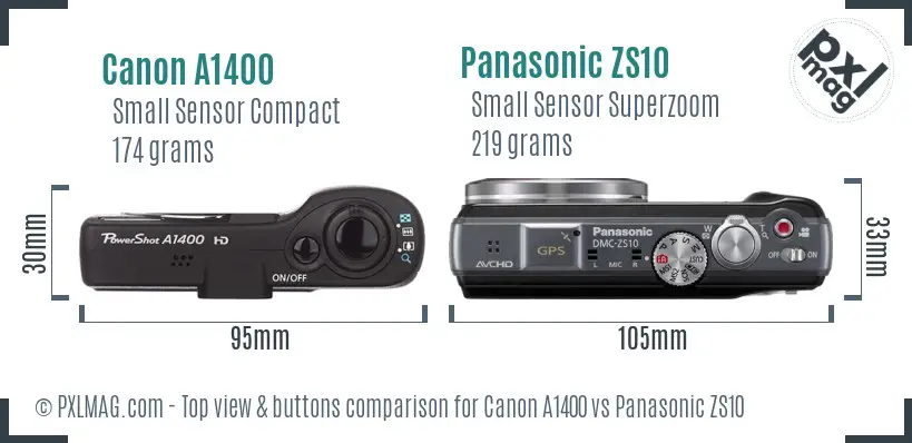 Canon A1400 vs Panasonic ZS10 top view buttons comparison Canon A1400 vs Panasonic ZS10 top view buttons comparison