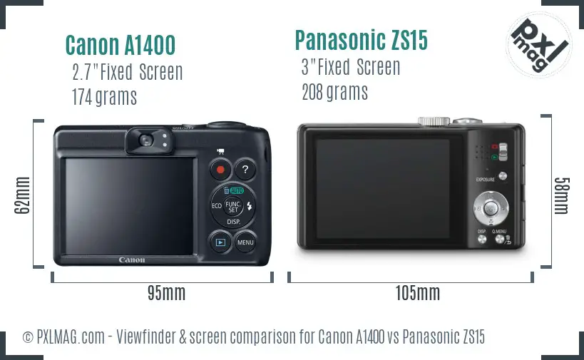Canon A1400 vs Panasonic ZS15 Screen and Viewfinder comparison