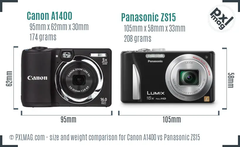 Canon A1400 vs Panasonic ZS15 size comparison