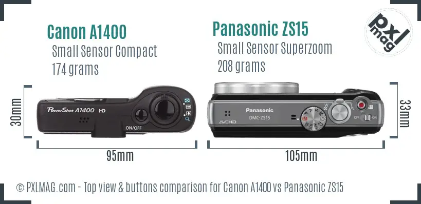 Canon A1400 vs Panasonic ZS15 top view buttons comparison