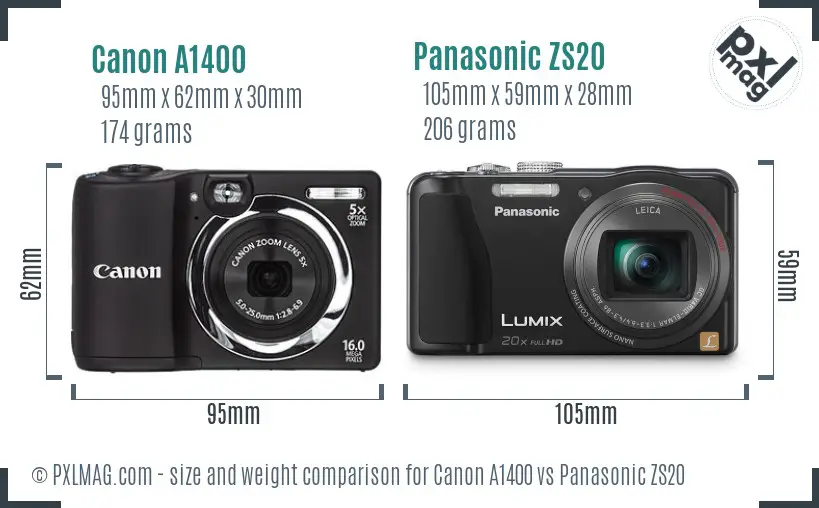 Canon A1400 vs Panasonic ZS20 size comparison Canon A1400 vs Panasonic ZS20 size comparison