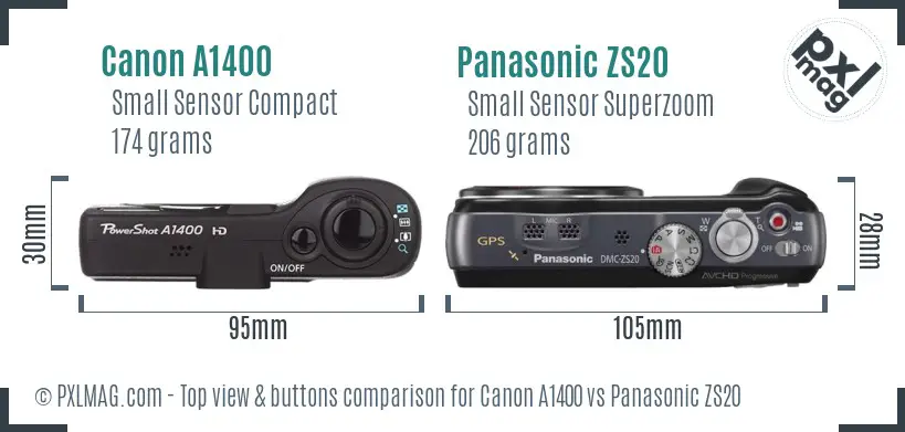 Canon A1400 vs Panasonic ZS20 top view buttons comparison