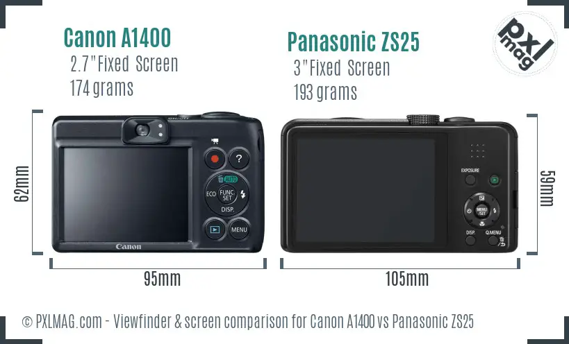 Canon A1400 vs Panasonic ZS25 Screen and Viewfinder comparison