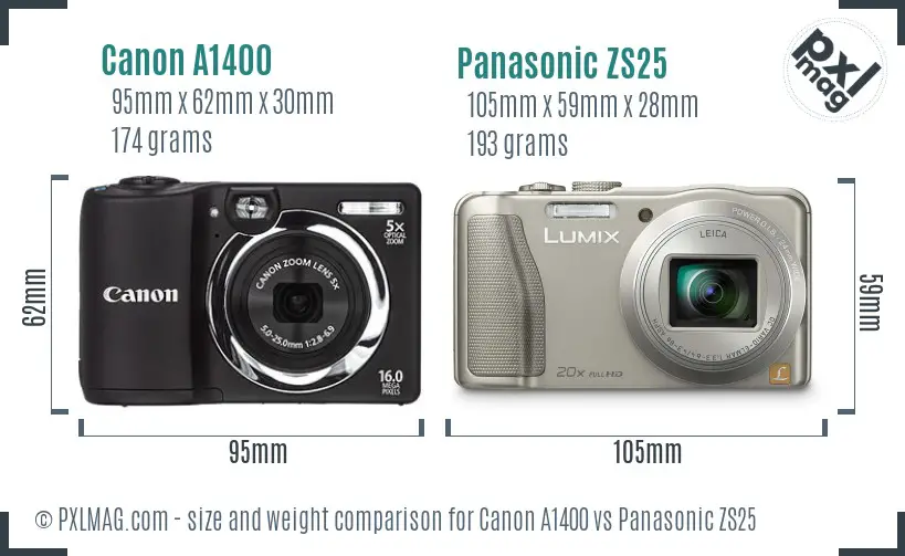 Canon A1400 vs Panasonic ZS25 size comparison