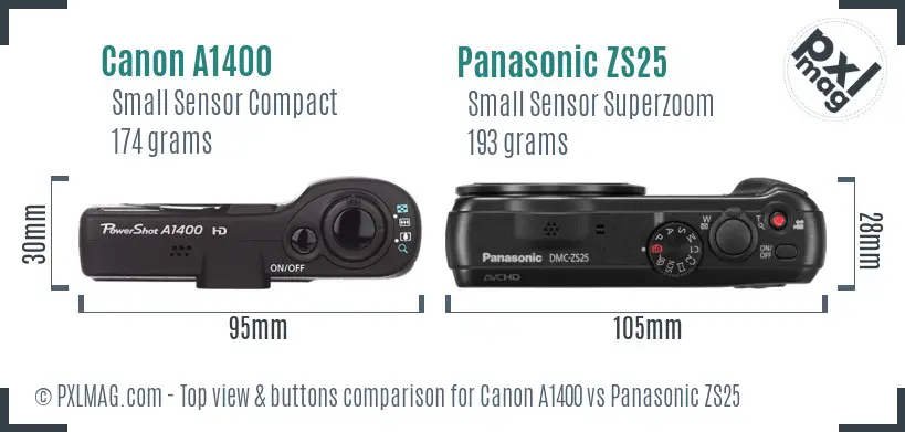 Canon A1400 vs Panasonic ZS25 top view buttons comparison