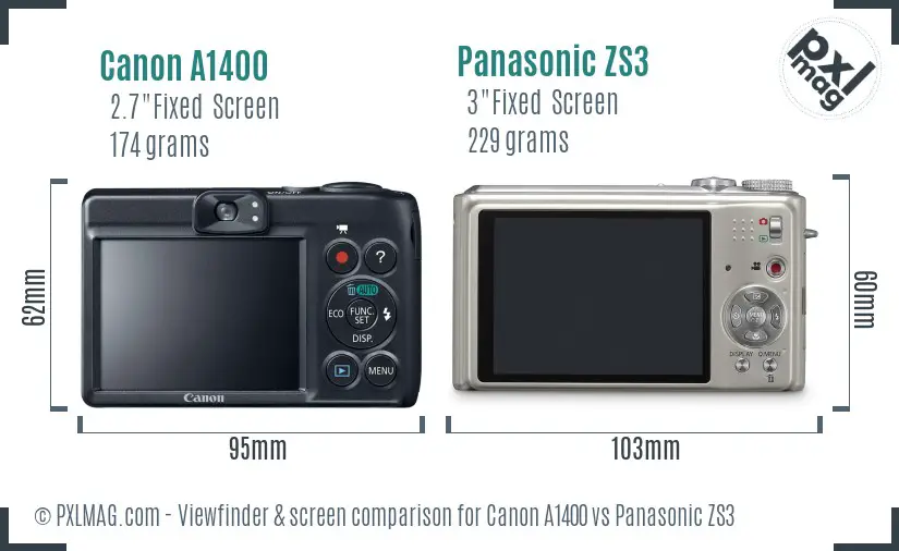 Canon A1400 vs Panasonic ZS3 Screen and Viewfinder comparison