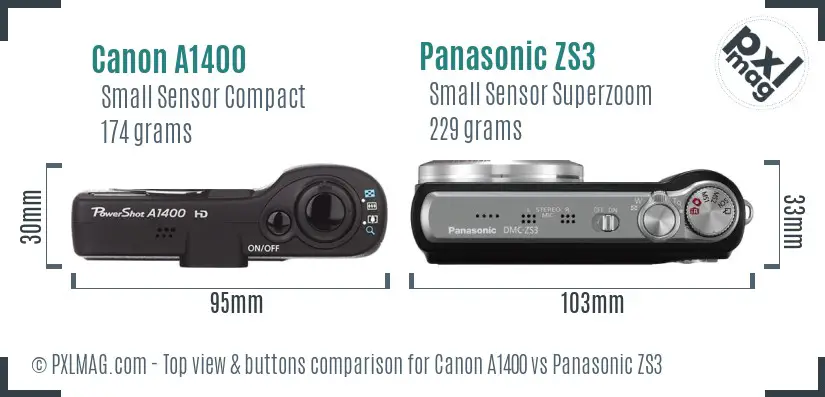 Canon A1400 vs Panasonic ZS3 top view buttons comparison