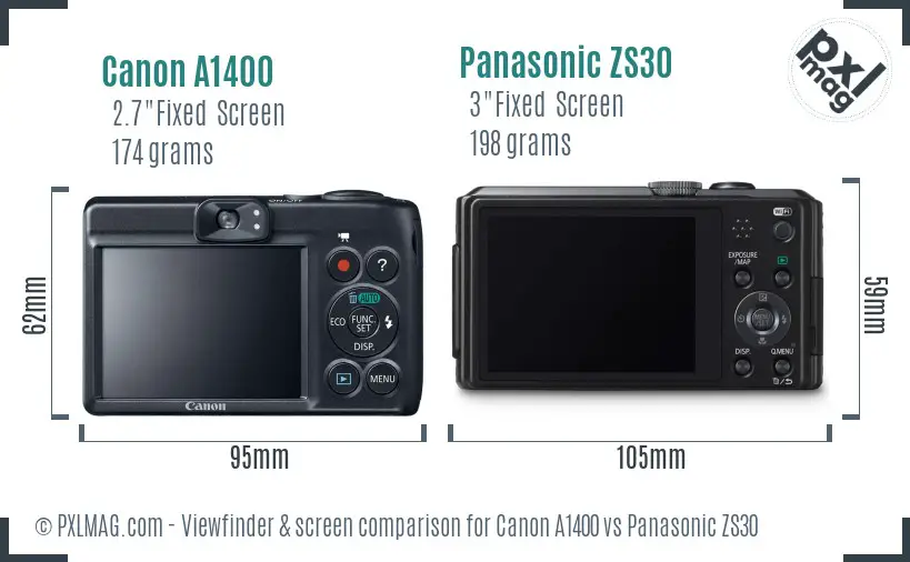 Canon A1400 vs Panasonic ZS30 Screen and Viewfinder comparison