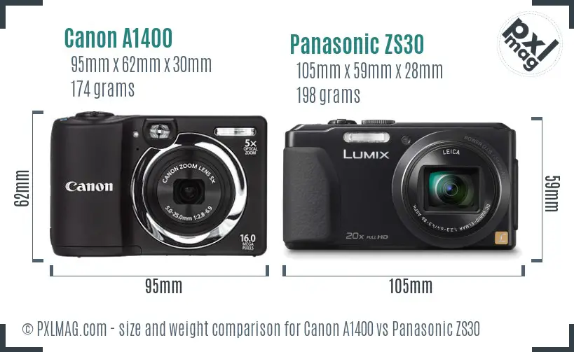 Canon A1400 vs Panasonic ZS30 size comparison