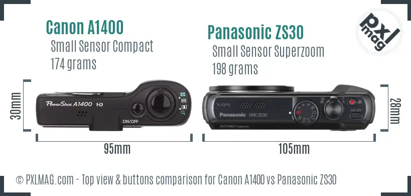 Canon A1400 vs Panasonic ZS30 top view buttons comparison