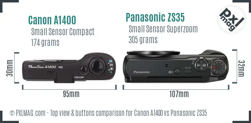 Canon A1400 vs Panasonic ZS35 top view buttons comparison