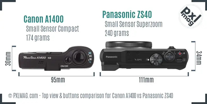 Canon A1400 vs Panasonic ZS40 top view buttons comparison
