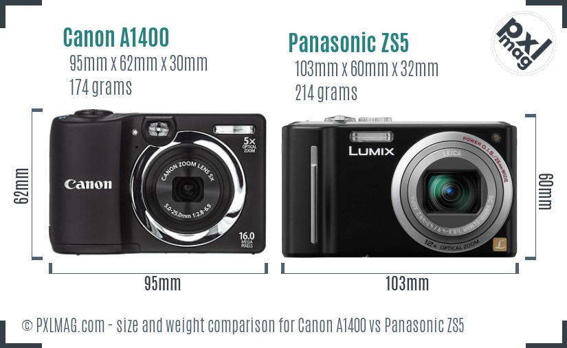 Canon A1400 vs Panasonic ZS5 size comparison