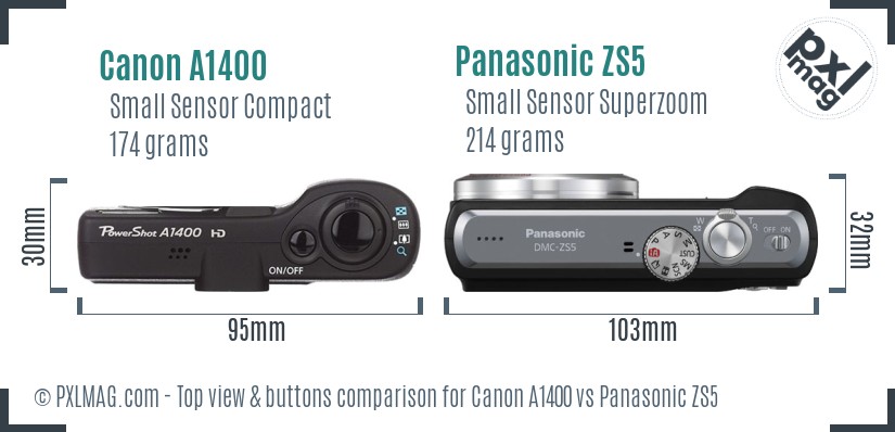 Canon A1400 vs Panasonic ZS5 top view buttons comparison