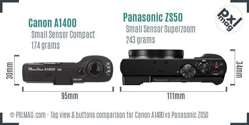 Canon A1400 vs Panasonic ZS50 top view buttons comparison Canon A1400 vs Panasonic ZS50 top view buttons comparison