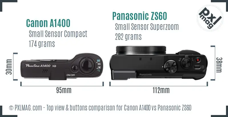 Canon A1400 vs Panasonic ZS60 top view buttons comparison