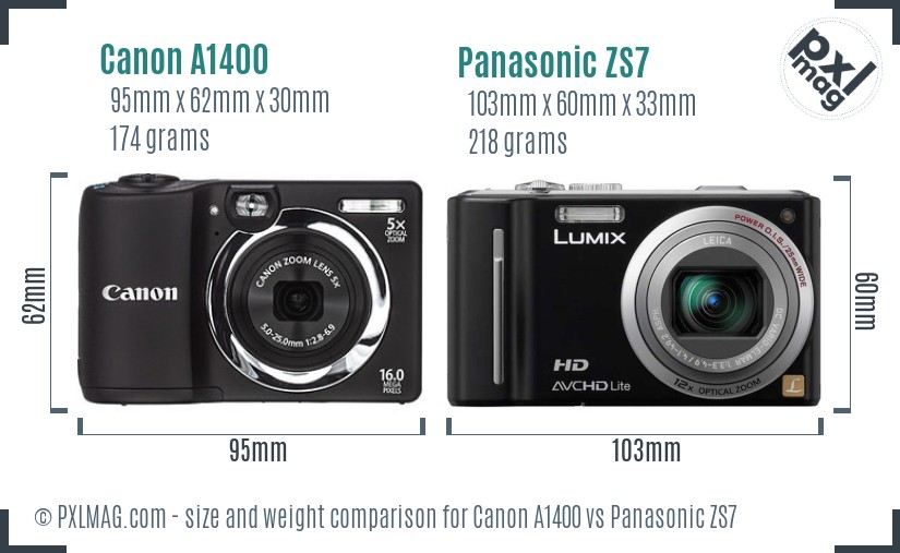 Canon A1400 vs Panasonic ZS7 size comparison