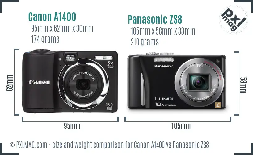 Canon A1400 vs Panasonic ZS8 size comparison