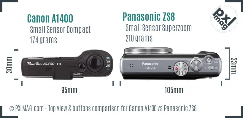 Canon A1400 vs Panasonic ZS8 top view buttons comparison