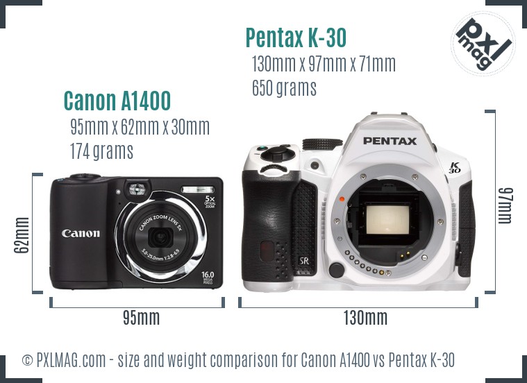 Canon A1400 vs Pentax K-30 size comparison