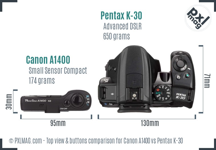 Canon A1400 vs Pentax K-30 top view buttons comparison