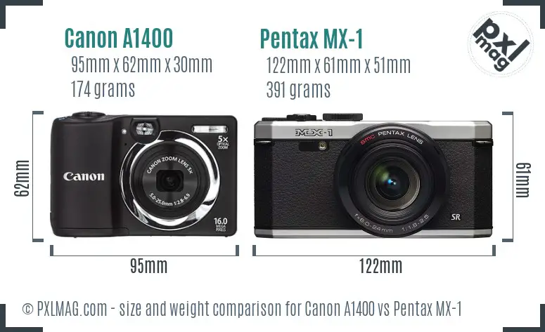 Canon A1400 vs Pentax MX-1 size comparison