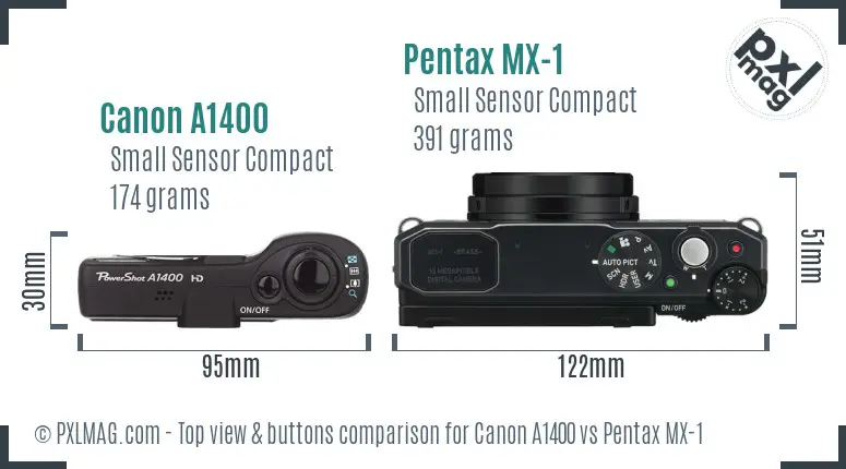 Canon A1400 vs Pentax MX-1 top view buttons comparison