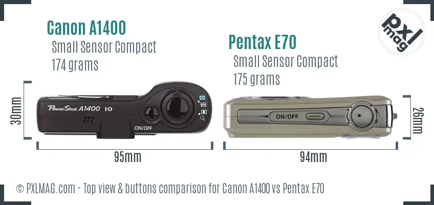 Canon A1400 vs Pentax E70 top view buttons comparison