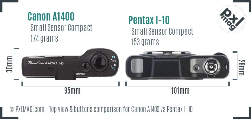 Canon A1400 vs Pentax I-10 top view buttons comparison Canon A1400 vs Pentax I-10 top view buttons comparison