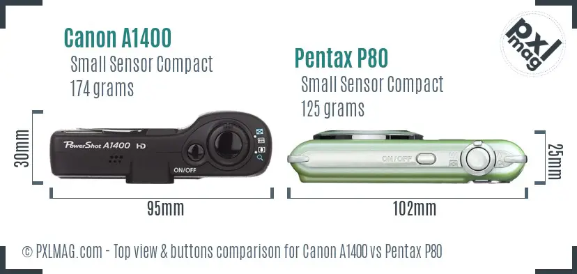 Canon A1400 vs Pentax P80 top view buttons comparison Canon A1400 vs Pentax P80 top view buttons comparison