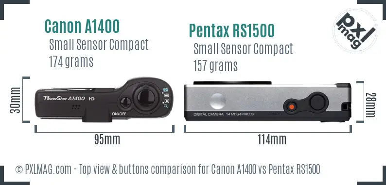 Canon A1400 vs Pentax RS1500 top view buttons comparison Canon A1400 vs Pentax RS1500 top view buttons comparison