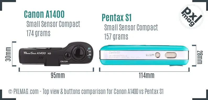 Canon A1400 vs Pentax S1 top view buttons comparison