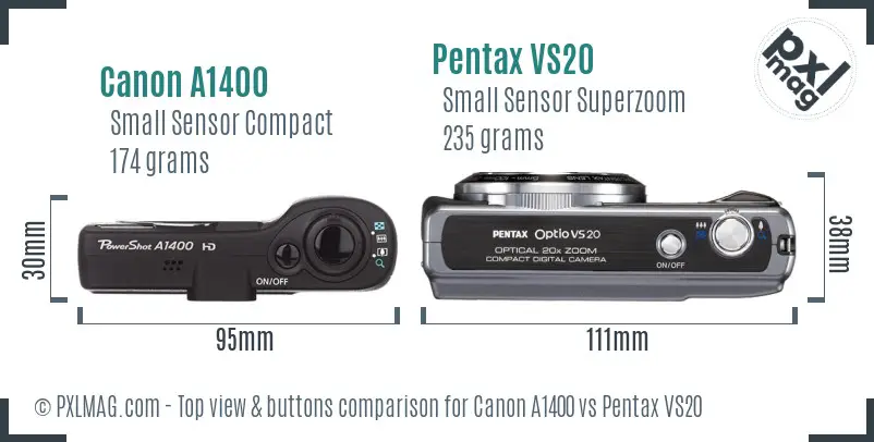 Canon A1400 vs Pentax VS20 top view buttons comparison