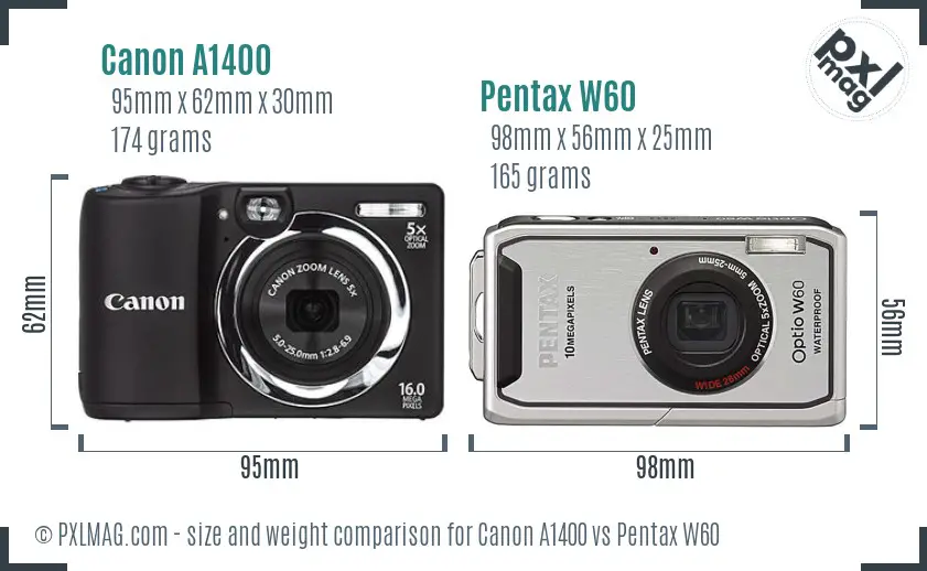 Canon A1400 vs Pentax W60 size comparison