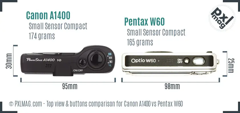 Canon A1400 vs Pentax W60 top view buttons comparison