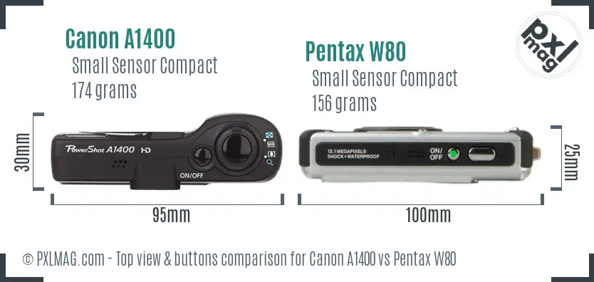 Canon A1400 vs Pentax W80 top view buttons comparison