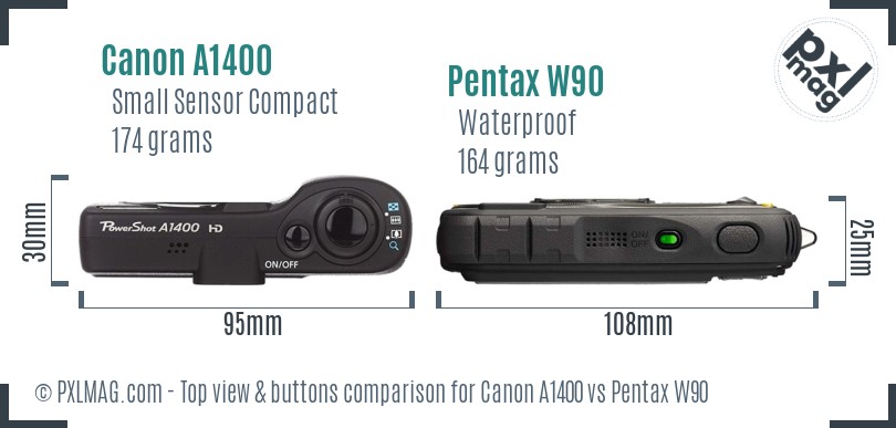 Canon A1400 vs Pentax W90 top view buttons comparison