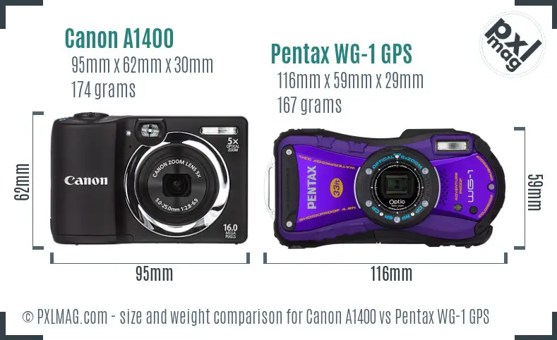 Canon A1400 vs Pentax WG-1 GPS size comparison Canon A1400 vs Pentax WG-1 GPS size comparison