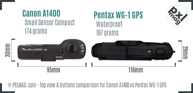 Canon A1400 vs Pentax WG-1 GPS top view buttons comparison Canon A1400 vs Pentax WG-1 GPS top view buttons comparison