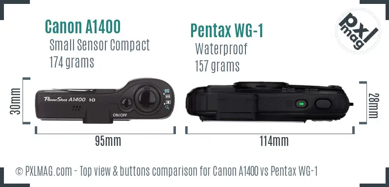 Canon A1400 vs Pentax WG-1 top view buttons comparison Canon A1400 vs Pentax WG-1 top view buttons comparison
