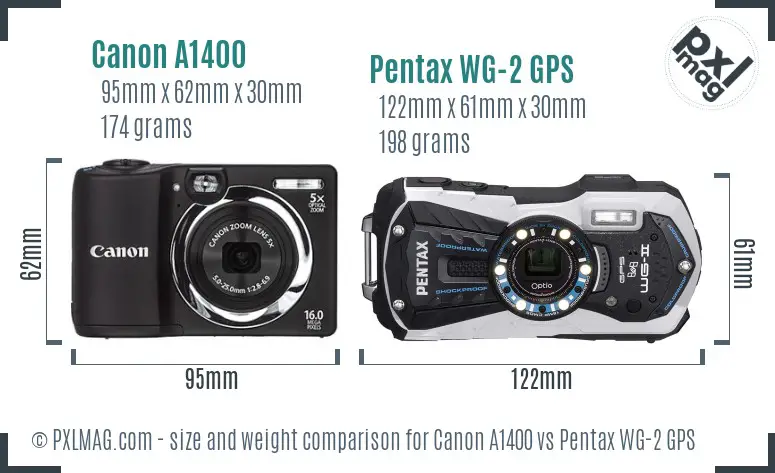 Canon A1400 vs Pentax WG-2 GPS size comparison