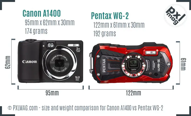 Canon A1400 vs Pentax WG-2 size comparison