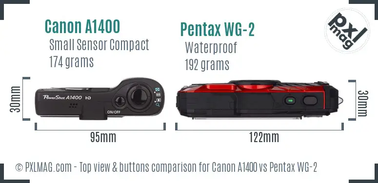 Canon A1400 vs Pentax WG-2 top view buttons comparison