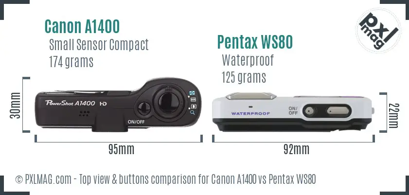 Canon A1400 vs Pentax WS80 top view buttons comparison