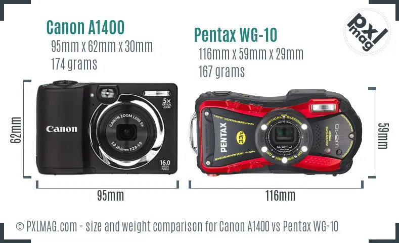 Canon A1400 vs Pentax WG-10 size comparison
