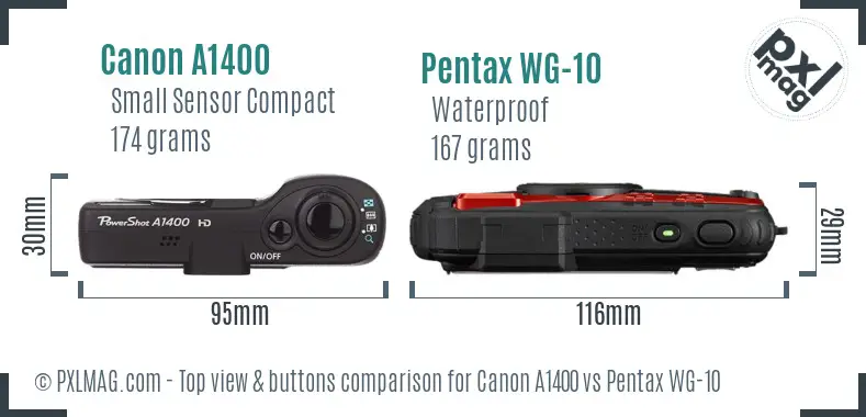 Canon A1400 vs Pentax WG-10 top view buttons comparison
