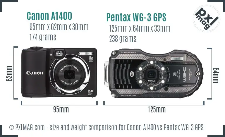 Canon A1400 vs Pentax WG-3 GPS size comparison