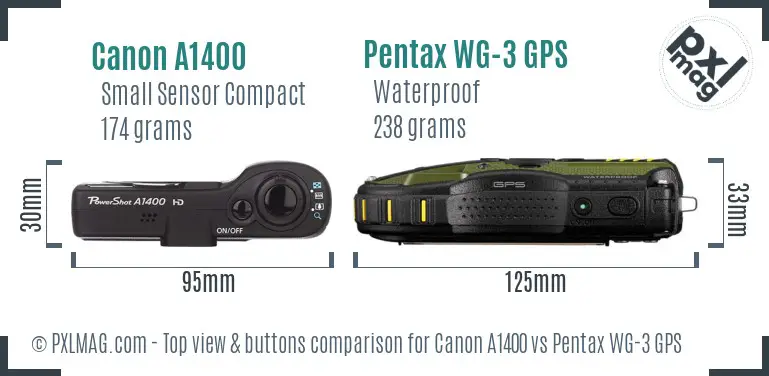 Canon A1400 vs Pentax WG-3 GPS top view buttons comparison